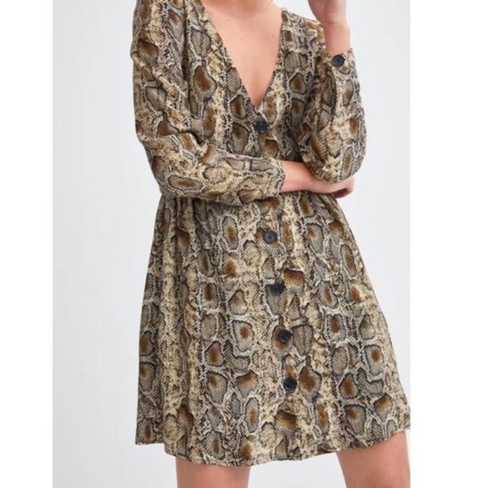 NWT Zara Brown Snakeskin Long Sleeve Dress with Pockets